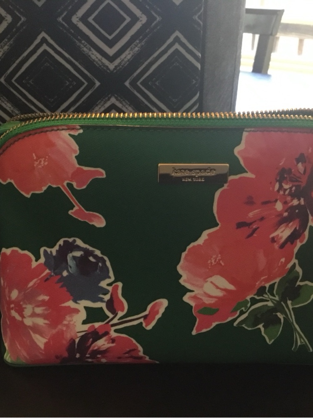 kate spade Green Floral Zip Cosmetic Pouch with Pink Blooms